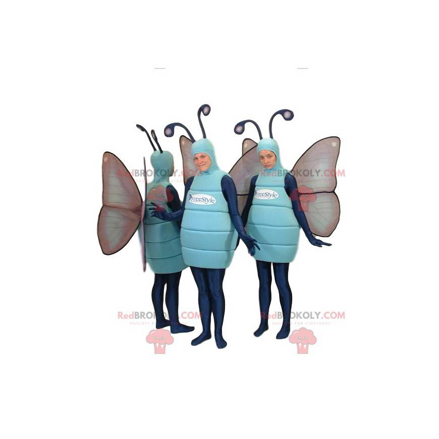 Blaues Schmetterlings-Maskottchen-Trio. Schmetterlingskostüm -