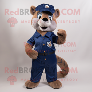 Navy Mongoose mascot costume character dressed with a Dungarees and Shoe clips