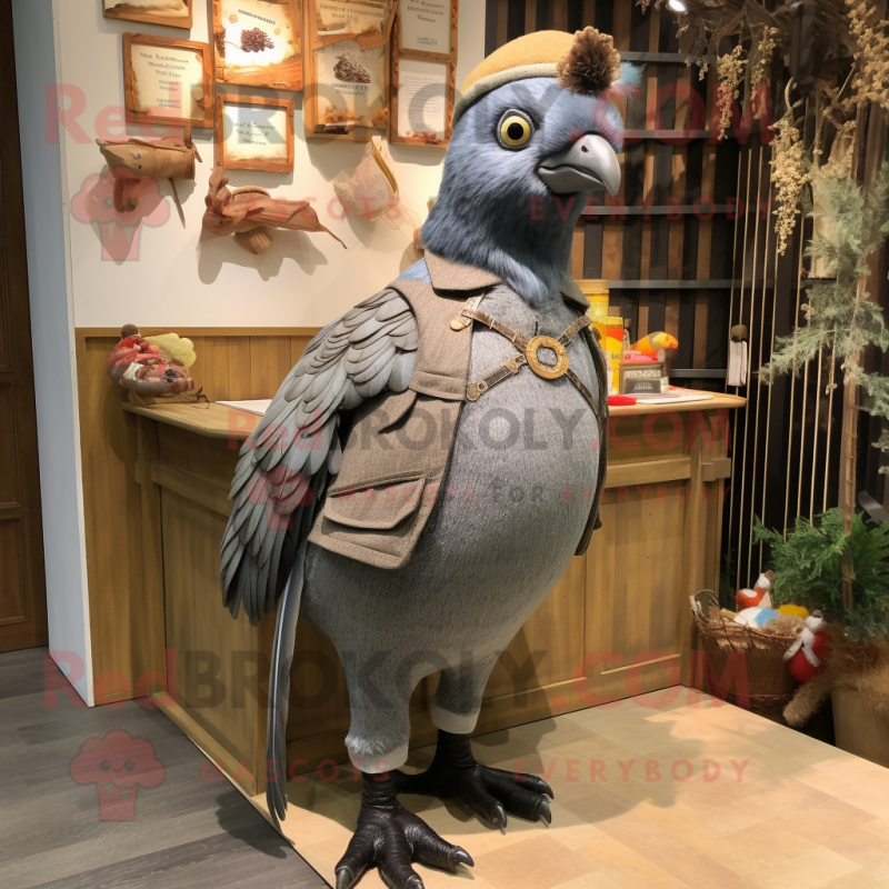 Gray Pheasant mascot costume character dressed with a Dungarees and Keychains Gray Pheasant mascot costume character dressed with a Dungarees and Keychains