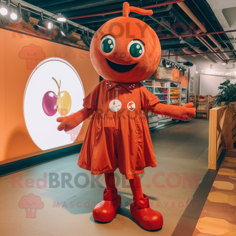 Rust Cherry mascot costume character dressed with a Playsuit and Shoe laces Rust Cherry mascot costume character dressed with a Playsuit and Shoe laces