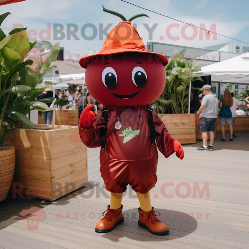 Rust Cherry mascot costume character dressed with a Playsuit and Shoe laces