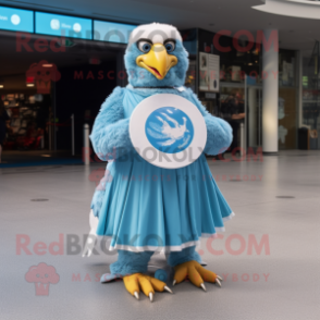 Sky Blue Haast'S Eagle mascot costume character dressed with a Circle Skirt and Rings