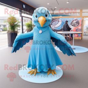 Sky Blue Haast'S Eagle mascot costume character dressed with a Circle Skirt and Rings