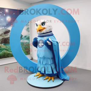 Sky Blue Haast'S Eagle mascot costume character dressed with a Circle Skirt and Rings