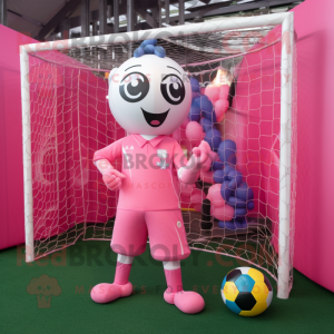 Pink Soccer Goal mascot costume character dressed with a Suit Pants and Rings