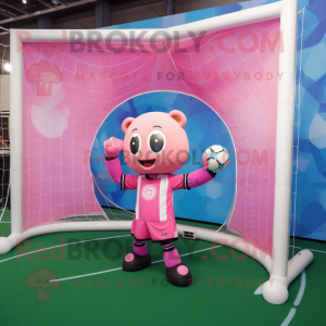 Pink Soccer Goal mascot costume character dressed with a Suit Pants and Rings