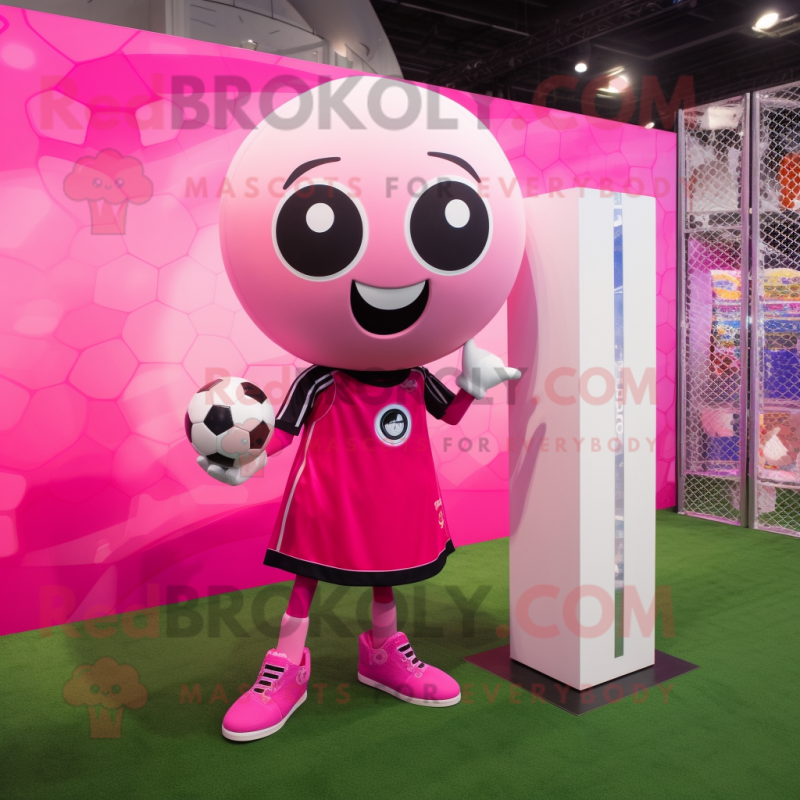 Pink Soccer Goal mascot costume character dressed with a Suit Pants and Rings