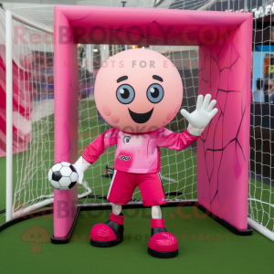 Pink Soccer Goal mascot costume character dressed with a Suit Pants and Rings