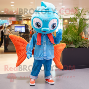 Turquoise Goldfish mascot costume character dressed with a Flare Jeans and Clutch bags