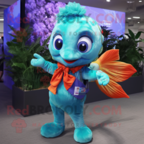 Turquoise Goldfish mascot costume character dressed with a Flare Jeans and Clutch bags