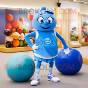 Blue Petanque Ball mascot costume character dressed with a Tank Top and Coin purses
