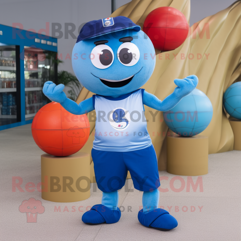 Blue Petanque Ball mascot costume character dressed with a Tank Top and Coin purses Blue Petanque Ball mascot costume character dressed with a Tank Top and Coin purses