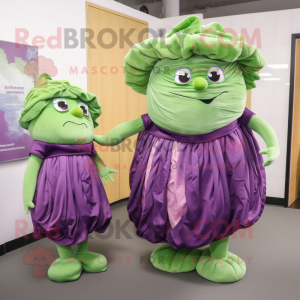 Purple Corned Beef And Cabbage mascot costume character dressed with a Wrap Dress and Hair clips