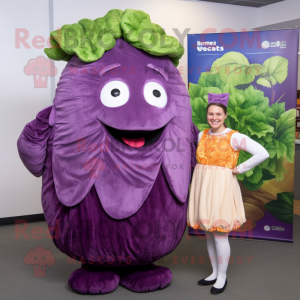 Purple Corned Beef And Cabbage mascot costume character dressed with a Wrap Dress and Hair clips