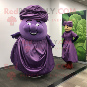 Purple Corned Beef And Cabbage mascot costume character dressed with a Wrap Dress and Hair clips