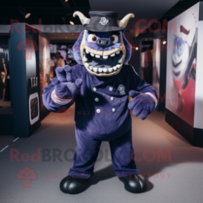 Navy Demon mascot costume character dressed with a Trousers and Suspenders