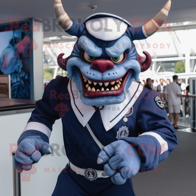 Navy Demon mascot costume character dressed with a Trousers and Suspenders