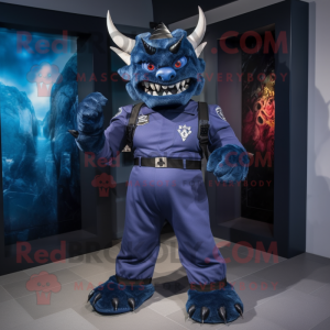 Navy Demon mascot costume character dressed with a Trousers and Suspenders