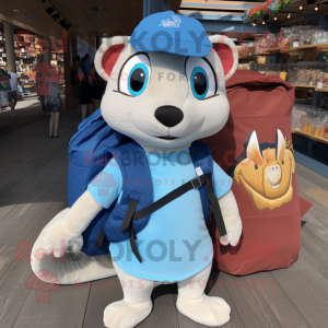 Blue Weasel mascot costume character dressed with a Polo Shirt and Backpacks