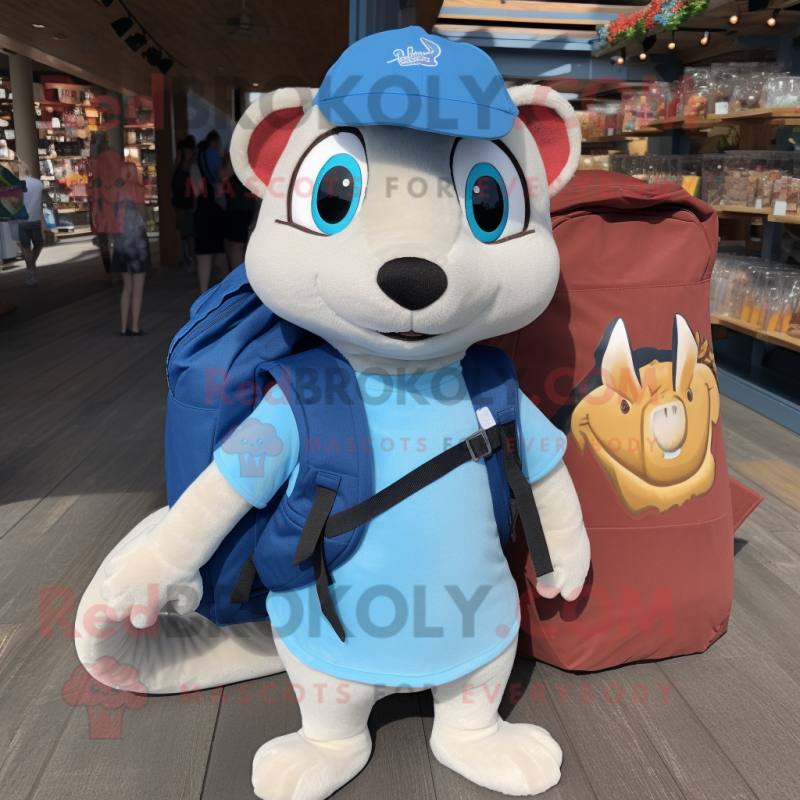 Blue Weasel mascot costume character dressed with a Polo Shirt and Backpacks Blue Weasel mascot costume character dressed with a Polo Shirt and Backpacks
