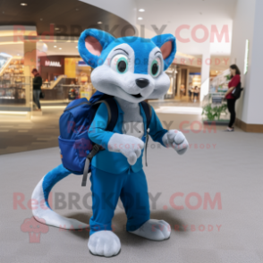 Blue Weasel mascot costume character dressed with a Polo Shirt and Backpacks