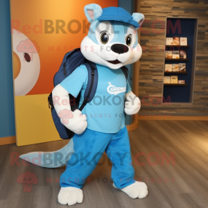 Blue Weasel mascot costume character dressed with a Polo Shirt and Backpacks