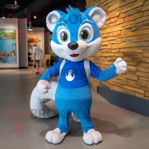 Blue Weasel mascot costume character dressed with a Polo Shirt and Backpacks