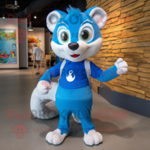 Blue Weasel mascot costume character dressed with a Polo Shirt and Backpacks