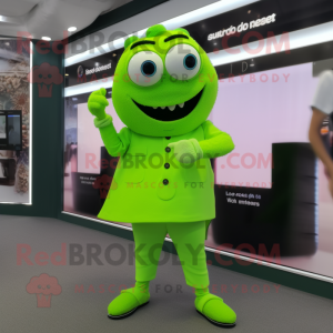 Lime Green Moussaka mascot costume character dressed with a Dress Pants and Digital watches