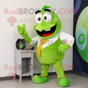 Lime Green Moussaka mascot costume character dressed with a Dress Pants and Digital watches