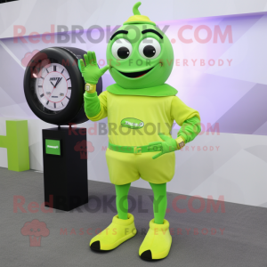 Lime Green Moussaka mascot costume character dressed with a Dress Pants and Digital watches