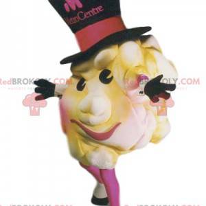 Appetittvekkende popcorn maskot med en stor svart hatt -