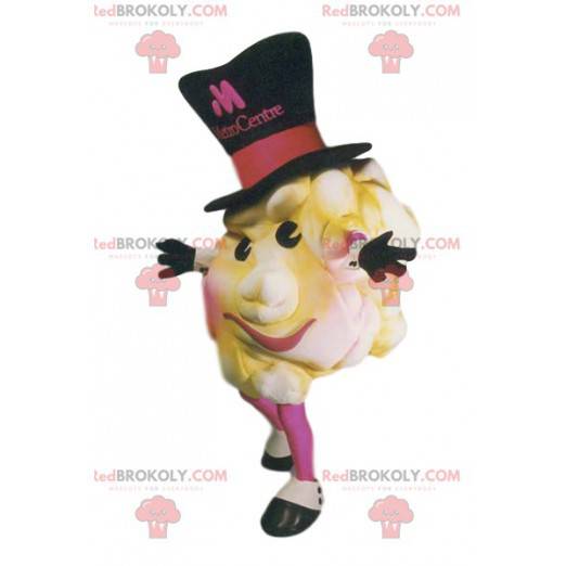 Mascota de palomitas de maíz apetitosa con un gran sombrero