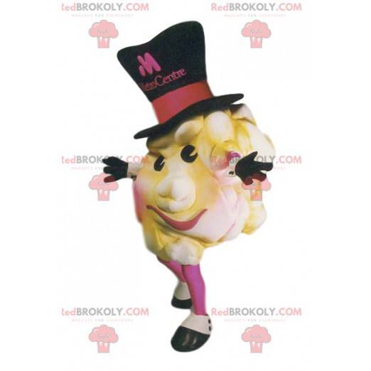 Mascotte de pop-corn appétissant avec un grand chapeau noir -