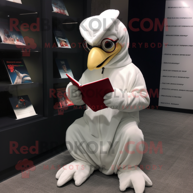 White Rooster mascot costume character dressed with a Hoodie and Reading glasses