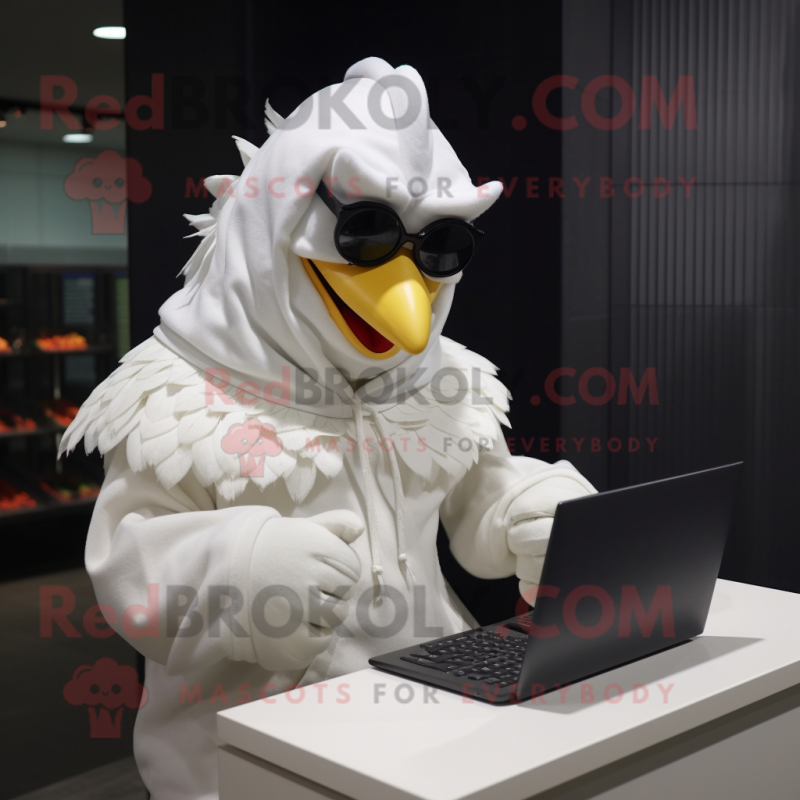 White Rooster mascot costume character dressed with a Hoodie and Reading glasses White Rooster mascot costume character dressed with a Hoodie and Reading glasses