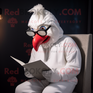 White Rooster mascot costume character dressed with a Hoodie and Reading glasses
