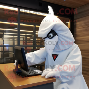 White Rooster mascot costume character dressed with a Hoodie and Reading glasses