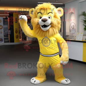 Yellow Tamer Lion mascot costume character dressed with a Trousers and Hairpins