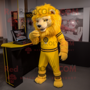 Yellow Tamer Lion mascot costume character dressed with a Trousers and Hairpins