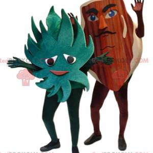 Hazelnootmascotte en zijn groene blad. Hazelnoot kostuum -