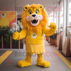 Yellow Tamer Lion mascot costume character dressed with a Trousers and Hairpins