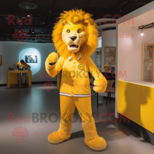 Yellow Tamer Lion mascot costume character dressed with a Trousers and Hairpins