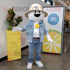 Cream Lemon mascot costume character dressed with a Chambray Shirt and Keychains