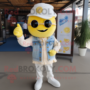 Cream Lemon mascot costume character dressed with a Chambray Shirt and Keychains