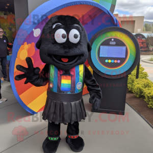 Black Rainbow mascot costume character dressed with a Vest and Coin purses