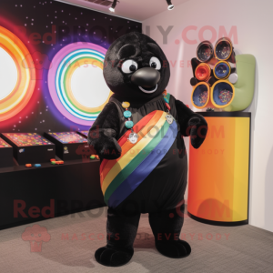 Black Rainbow mascot costume character dressed with a Vest and Coin purses