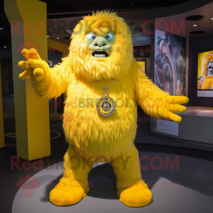 Yellow Yeti mascot costume character dressed with a Long Sleeve Tee and Brooches