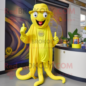 Lemon Yellow Medusa mascot costume character dressed with a Bermuda Shorts and Berets