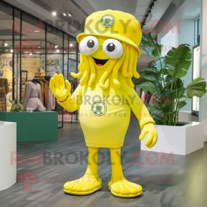 Lemon Yellow Medusa mascot costume character dressed with a Bermuda Shorts and Berets